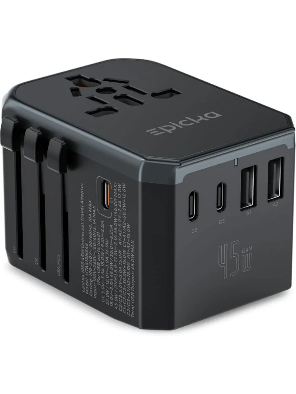 Universal 45W Travel Adapter with PD & QC, 1 AC Port, 4 USB-C & 1 USB-A Ports